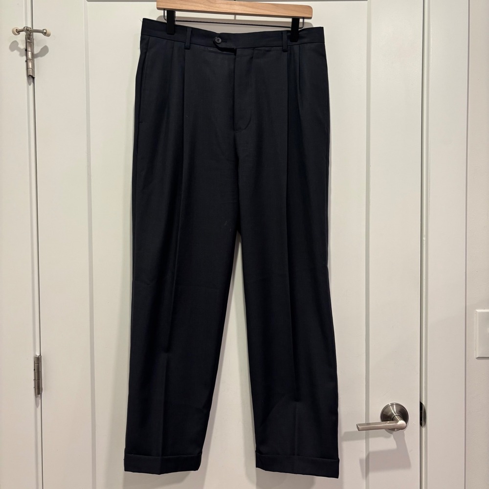 Joseph Abboud Mens Black Pleated Cuffed Dress Pants Wool Herringbone 32W 28L